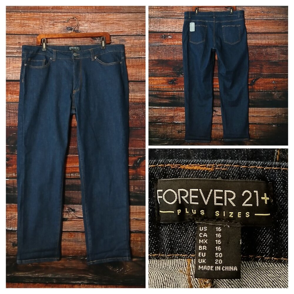 NWT Forever 21 Jeans Size 16 Dark Indigo Straight Ankle High Rise Denim Stretch